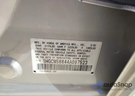 2004 Honda Accord 2.4 Ex from USA, damaged, VIN 1HGCM56644A097523